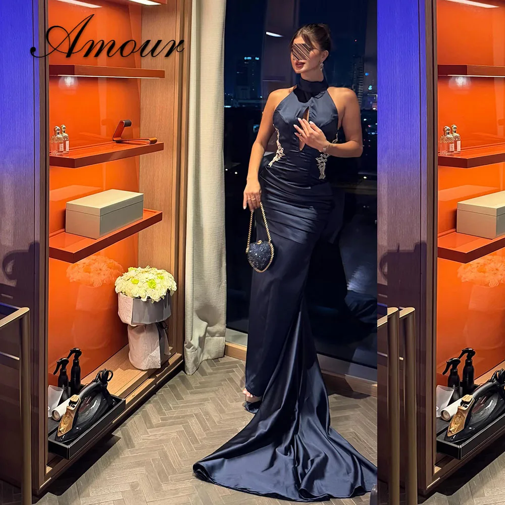 Amour Customized Luxury Navy Blue Satin Formal Gown Halter Sleeveless Key‑Hole Mermaid Long Evening Dress With Back Bow Train