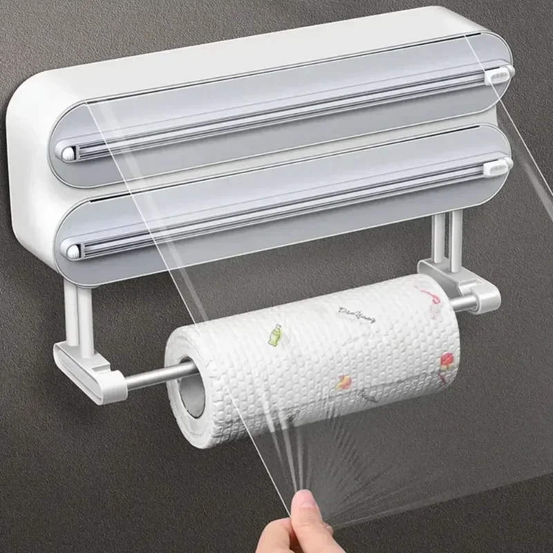 3in1 Plastic Wrap Dispenser Magnetic Self Adhesive Cling Film Cutter Kitchen  Aluminum Foil Baking Paper Plastic Wrap Dispensers