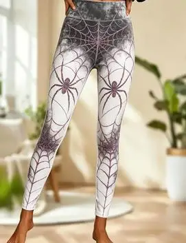 Women Mid‑Rise Fleece Lined Leggings, Halloween Neon Blue Purple Spider Web Print Slim Stretch Pants