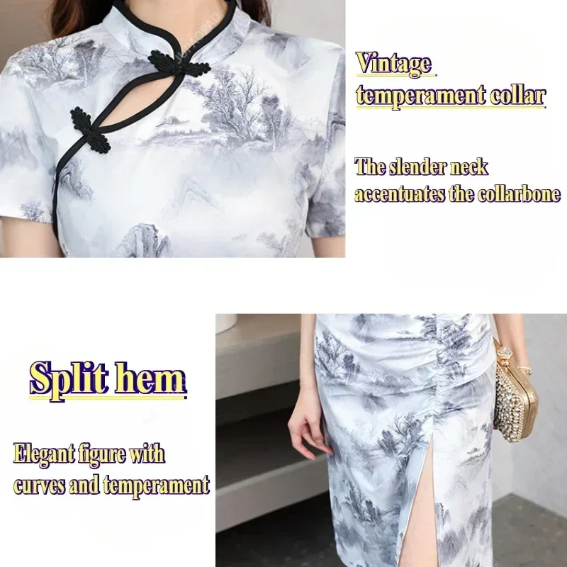 Chinese stijl damesjurk met korte mouwen Cheongsam Elegante Chinese stijl jurk Landschapsschilderij Elegante slim fit jurk met split