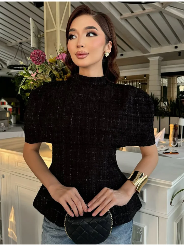 

Черный плащ-плащ с блестками, повседневный топ с короткими рукавами, облегающие короткие топы трапециевидной формы с высокой талией, 2026, женская одежда для ужина, новинка