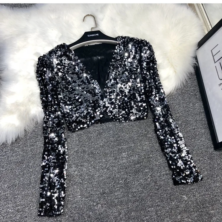 Spring Women's New Fashion V Neck Cropped Sequin Blazer Slim Fit Versatile Stylish Streetwear Commute Performance Elegant Jacket