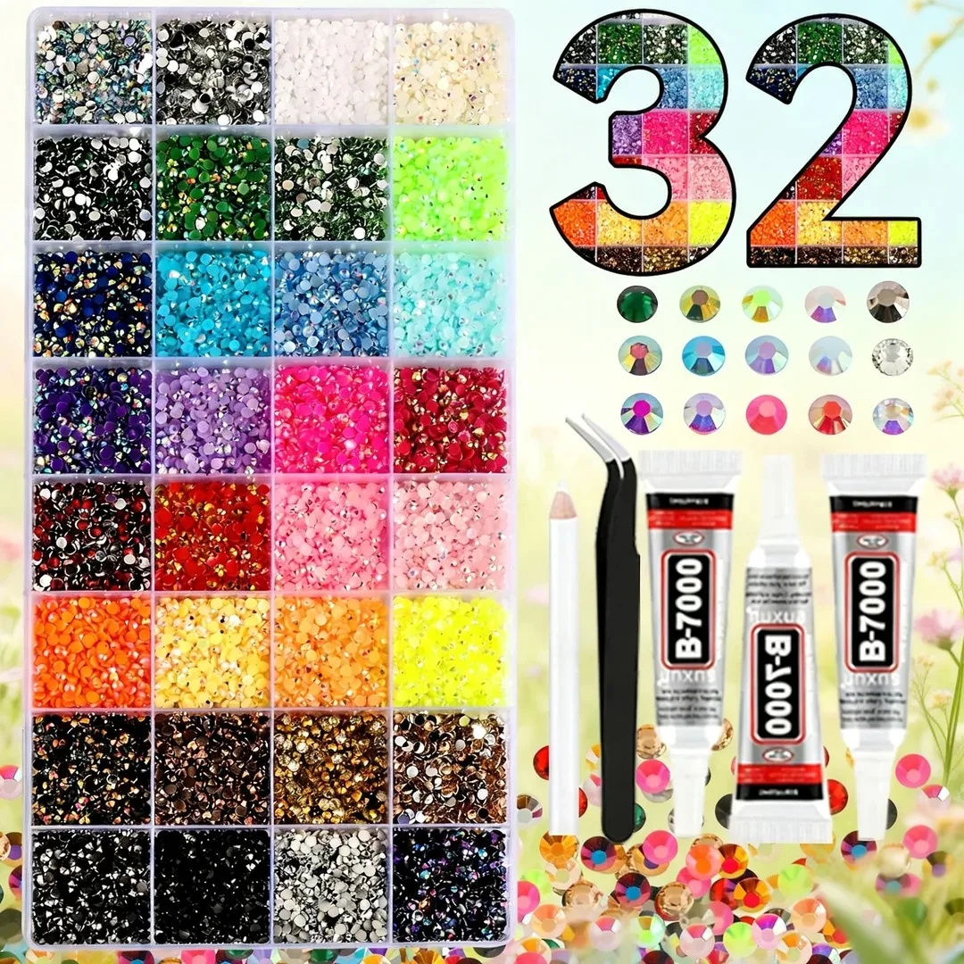 Mixed Color Jelly/Resin Drill Rhinestone Set 32 Grid - DIY for Clothing, Nail Drill, Phone Drill, Glasses Drill, Hat Drill, etc