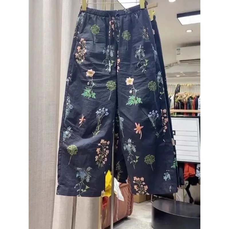 Women's Floral Print Casual Pants Summer Thin Loose Wide Leg High Waist Nine Points Plus Size Trousers For Curvy Ladies