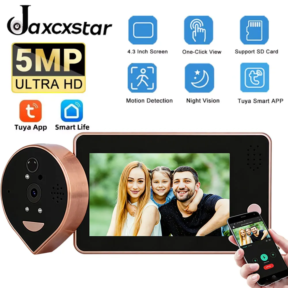 5MP 2K HD Door Bell Peephole Camera Tuya Smart Life 5000mAh PIR Motion Detect IR Video Doorbell Digital Viewer