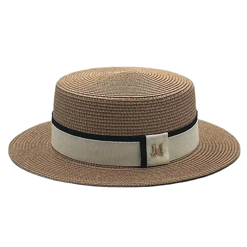 Women Hats Ladies Sun Boater Flat Hats Simple Stylish Straw Sun Hat Elegant Braided Hat Female Sunshade Shine Flat Cap