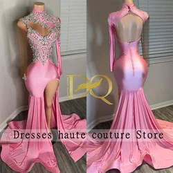 Glitter Pink Prom Dresses 2025 For Black Girl Long Sleeves Sparkly Diamonds Crystals Appliques Wedding Party Gown Customized