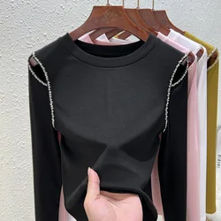 Round Neck Long Sleeved T-shirt for Women's Autumn and Winter New Hollow Out Sexy Modal Cotton Black Bottom Top (M-3XL)