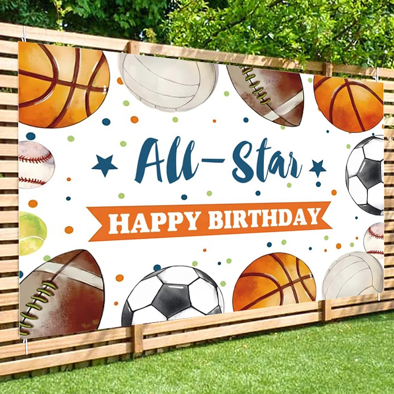 Contexto dos esportes do futebol do feliz aniversário, tema do basquetebol do futebol, é uma decoração do menino, bandeira do partido do chuveiro, fundo da fotografia