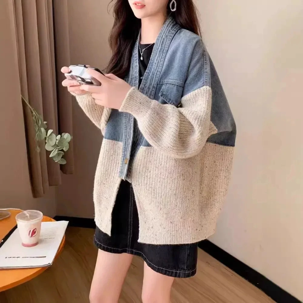 

Модный лоскутный джинсовый кардиган с карманами, вязаный кардиган для женщин, повседневные свободные пальто, женский тренд, новинка зимы 2025 года