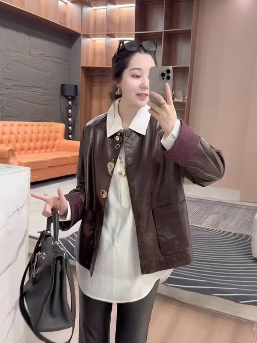 

Ning 2026 New Sle Women's Leather Jaet Coat High-End Sensation Small Size Genuine eepskin Long Sve Zipper