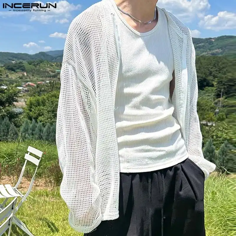 

INCERUN Tops 2024 Korean Style Fashion Men's Hollow Grid Zipper Design Shirts Casual Streetwear O-neck Long Sleeved Blouse S-5XL