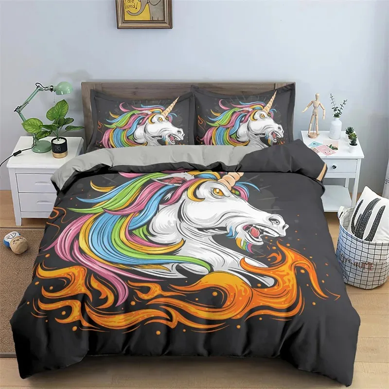 Kids Cartoon Unicorn Duvet Cover Microfiber 3D Animal Comforter Cover Leaping Horse Bedding Set King Queen For Teens Adults Room