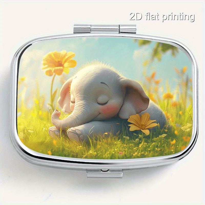 Sleeping Baby Elephant Printed Pattern Square Sealed Box, Two-Compartment Sealed Pill Box, Mini Portable Sealed Box, Suitable for Travel, Outdoor Activities, or Portable Sealed Box for Wallets or Bags, Multifunctional Metal Box for Decorations, Jewelry, Earrings, Vitamin Storage Box with Multiple Compartments, Sorting and Packing Box