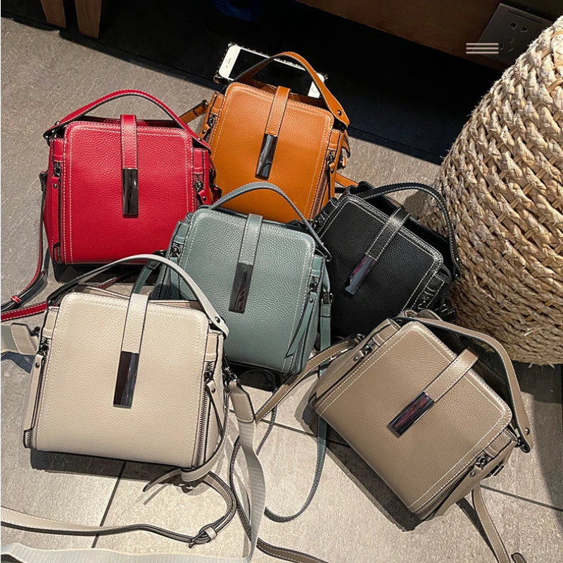 Top Layer Cow Leather 2024 New Versatile Fashion Women's Handbag High Quality Shoulder Bag Lady Commuting Crossbody Bucket Bag