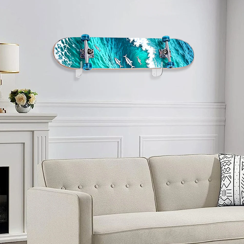 2 Pairs Acrylic Skateboard Wall Mount Display Bracket Skateboard Holder Stand Hanger Deck Rack with Screw and Pin for Storage