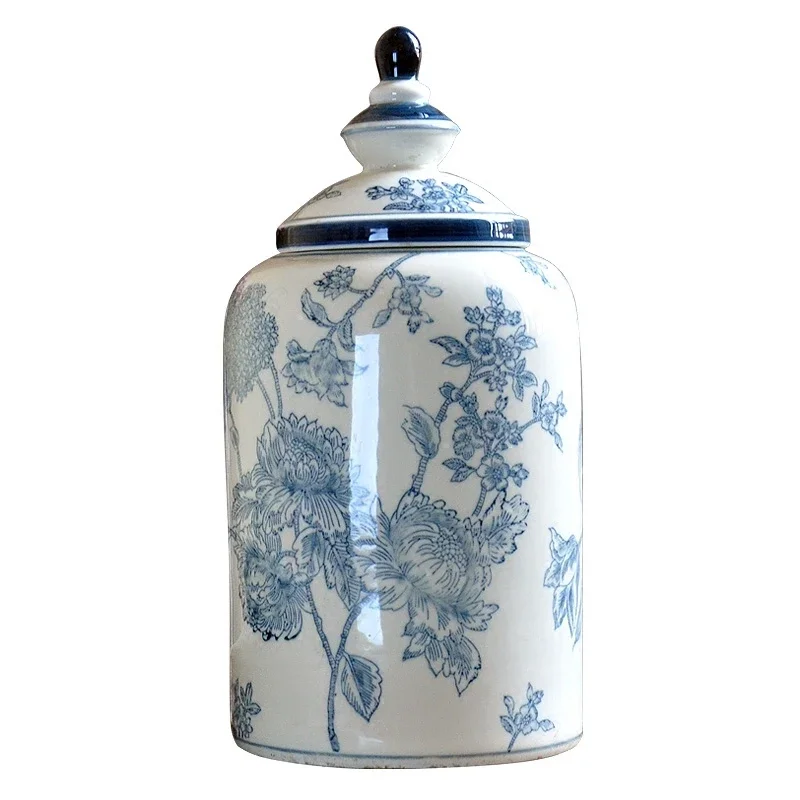 Retro Blue Flower Ceramic Jar Antique Blue and White Porcelain Vase Desktop Decoration Classic Home Craft