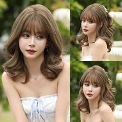 NAMM Light Brown Women Wig for Women Daily Party Short Wavy Wigs Synthetic Wigs with Fluffy Bangs Heat Resistant Lolita Cosplay