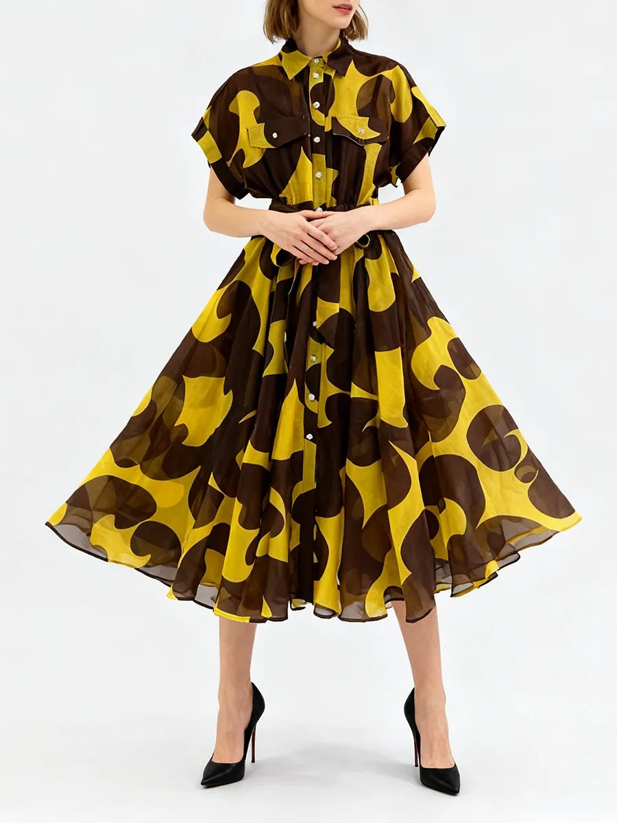 TWOTWINSTYLE Printing Sheer Spliced Buttons Casual Dresses for Women Lapel Sleeveless Patchwork Lace Up Fashion Dress Female New