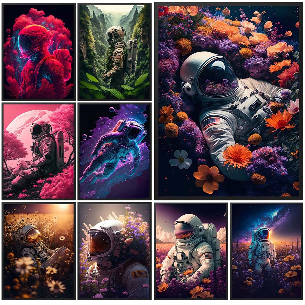 Abstract Astronaut Portrait Flower Outer Space Poster Wall Art Canvas Painting Home Decor Wall Pictures For Living Room Unframed