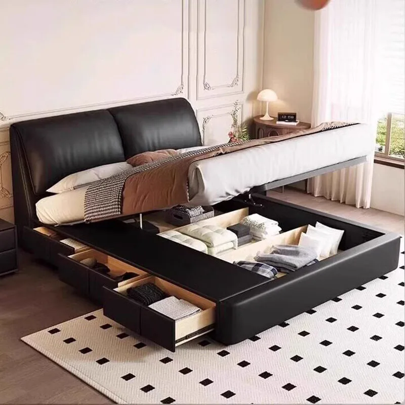 

Leather Storage Bed Floor Sleeping Safe Frame Girls European Design Bed Modern Wooden Letto Matrimoniale Lounge Suite Furniture