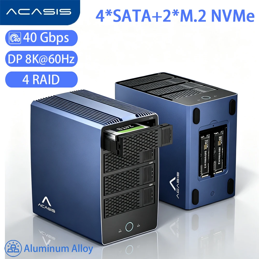 Acasis 40Gbps 6-Bay Hybrid HDD NVMe Enclosure Compatible M.2 NVMe SSD & 2.5/3.5 inch SATA HDD/SSD With DP 8K60HZ For Mac Windows