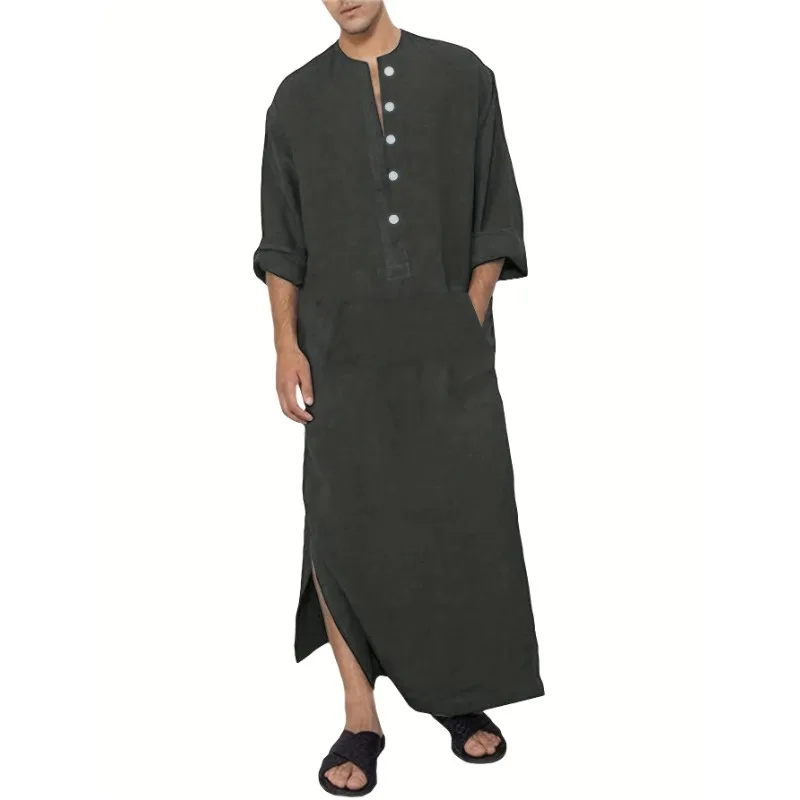 

New 2025 Vintage Men Islamic Arabic Jubba Long Sleeve Solid Pockets Robes Men Saudi Arabia Abaya Dress Muslim Kaftan Male