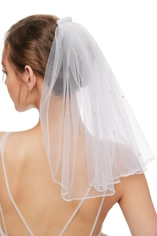 Bridal Wedding Veil Women's Short Vails with Rhinestone Tulle for Bachelorette Party 38cm/15”