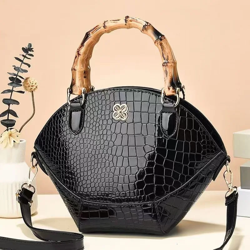 Crocodile Pattern Creative Shell Shaped Shoulder Bags High Quality Retro Bamboo Joint Handle Handbag Women Office Crossbody Bag