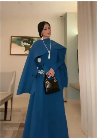 

Customized Blue Satin Prom Dress Evening Jersey Pleat Prom A-line High Collar Bespoke Occasion Gown Long Dresses Saudi Arabia Fo