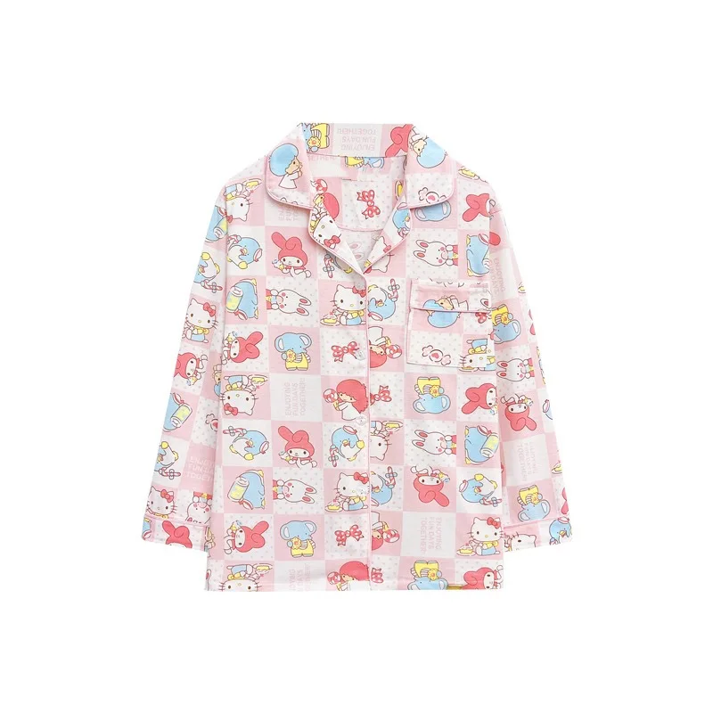 Hello Kitty Sanrio ชุดนอนแขนยาวชุดนอนชุดนอนผู้หญิงพิมพ์ลายการ์ตูนเสื้อพร้อมกางเกงชุดอยู่บ้านชุดนอน