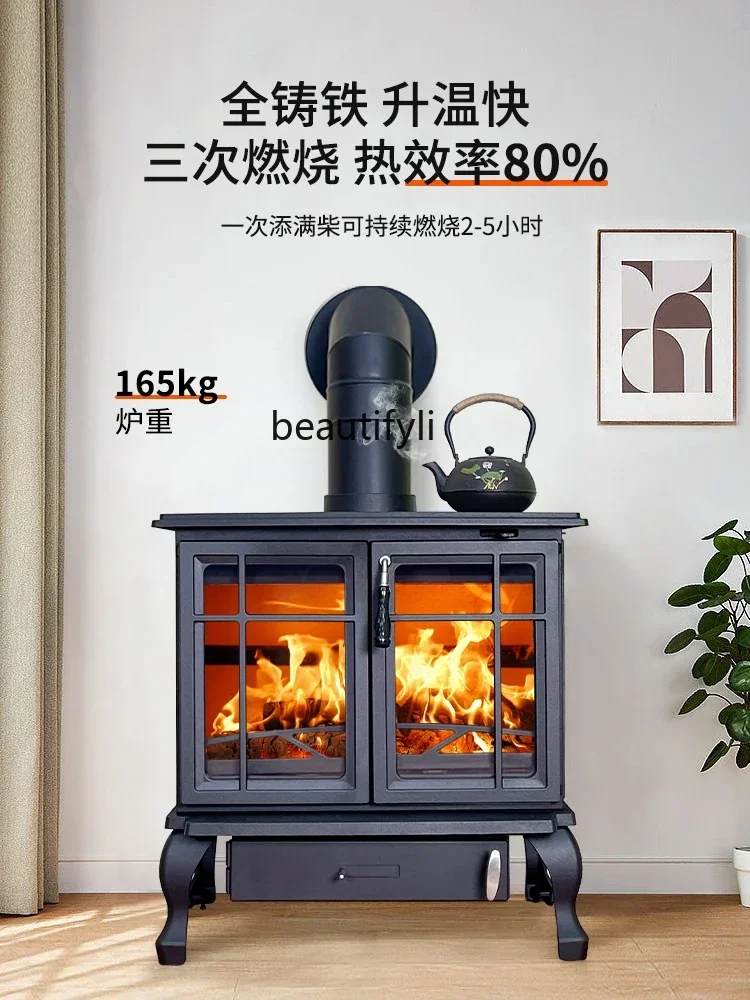 xqReal Fire Fireplace Wood Burning Household Cast Iron Firewood Burning Heating Stove B & B Firewood Heating Fireplace