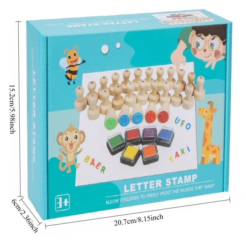 Wood Letter Stamps Wooden Chess Pieces Kids Educational Stamps Early English Learning Round Seal Toys and gifts