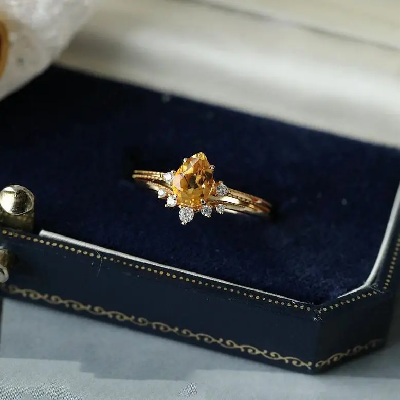 

Original design natural citrine silver diamond opening adjustable ring retro elegant light luxury charm female jeweler