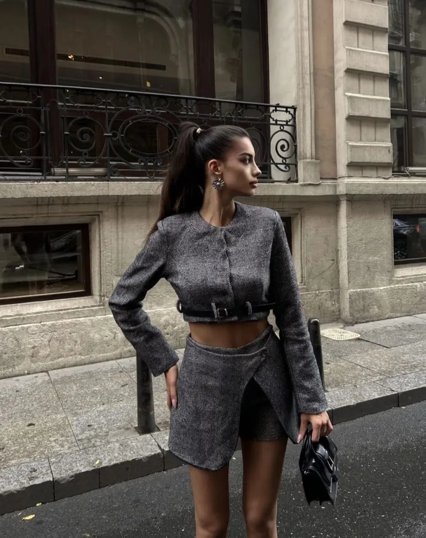 

Новый осенний элегантный модный костюм в стиле ретро с длинным рукавом, короткий топ, женская сумка Spice Girl, хип-юбка, мини-юбка из двух предметов, комплект из двух предметов