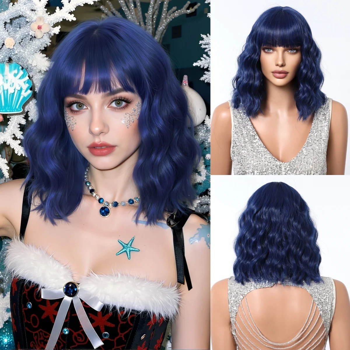 

Short Wavy Dark Blue Synthetic Wigs for Women Cosplay Hair Bob Wigs With Bangs Christmas Party Heat Resistant Natural Fake Hair