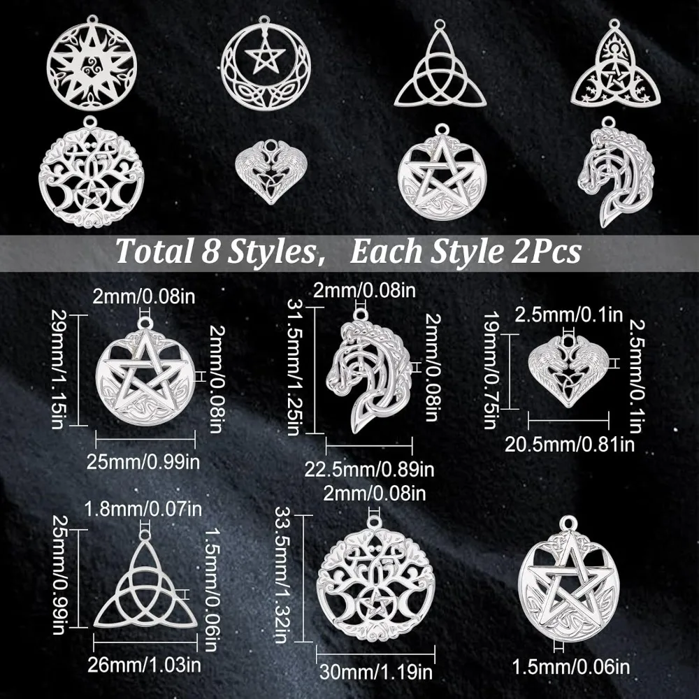 1 Box 16Pcs Knot Charms Trinity Stainless Steel Knot Charm Irish Celtic Knots Heart Charms Tree of Life Angel Wings Charm Horse