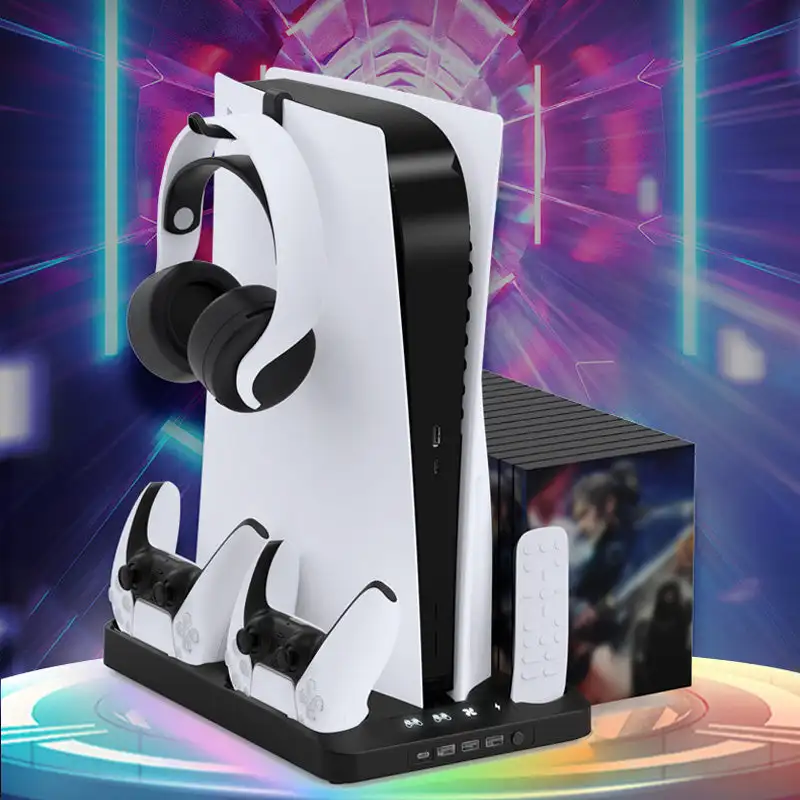 

Тонкая подставка для PS5/PS5 с крючком для наушников, охлаждающая подставка и зарядная станция контроллера для PS5 с 2-уровневым охлаждающим вентилятором