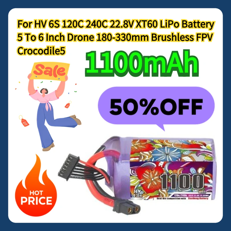 

For 1100mAh HV 6S 120C 240C 22.8V XT60 LiPo Battery 5 To 6 Inch Drone 180-330mm Brushless FPV Crocodile5