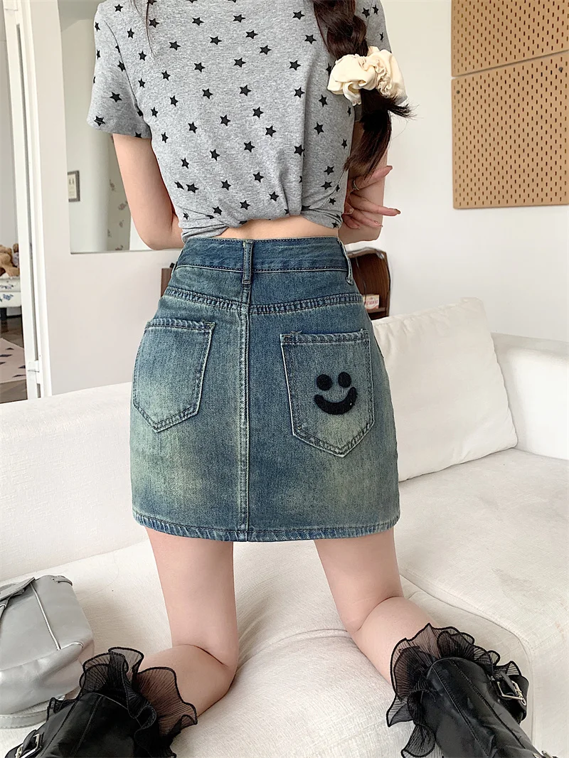 Summer Spicy Girl Anti glare Smiling Face Embroidery High Waist A-line Skirt Cowboy Short Skirt Half Skirt Women