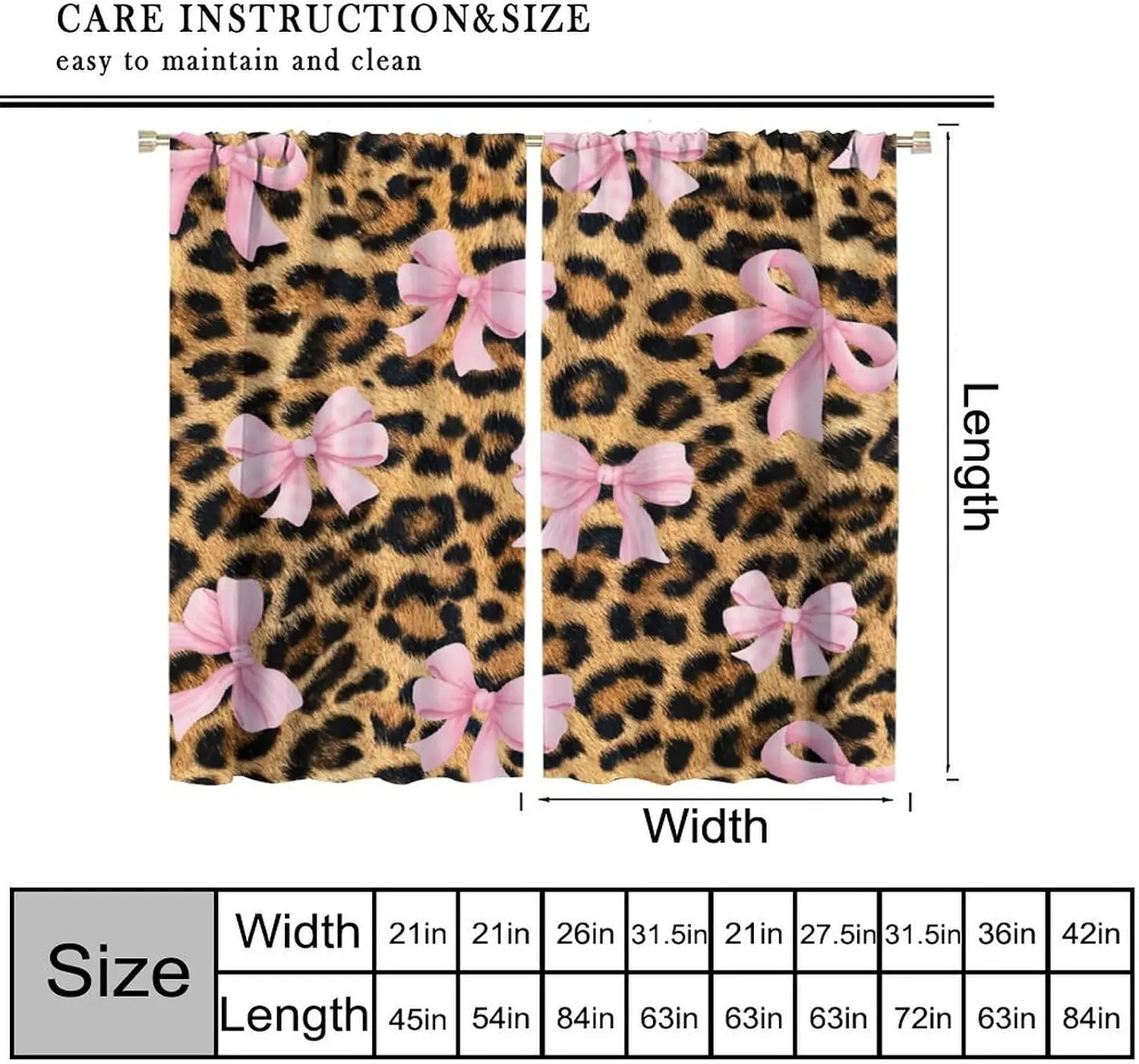 Leopard Pink Bow Window Curtains 2 Panels, Vintage Animal Spot Cute Pink Ribbon Bow Fashion Print Drapes for Teen Room Decor