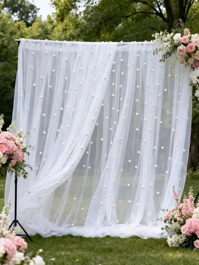 1Pc Pearl White Sheer Tulle Fabric With Embedded Pearls, Translucent Curtain For Wedding Backdrop, Decoration For Wedding Dress