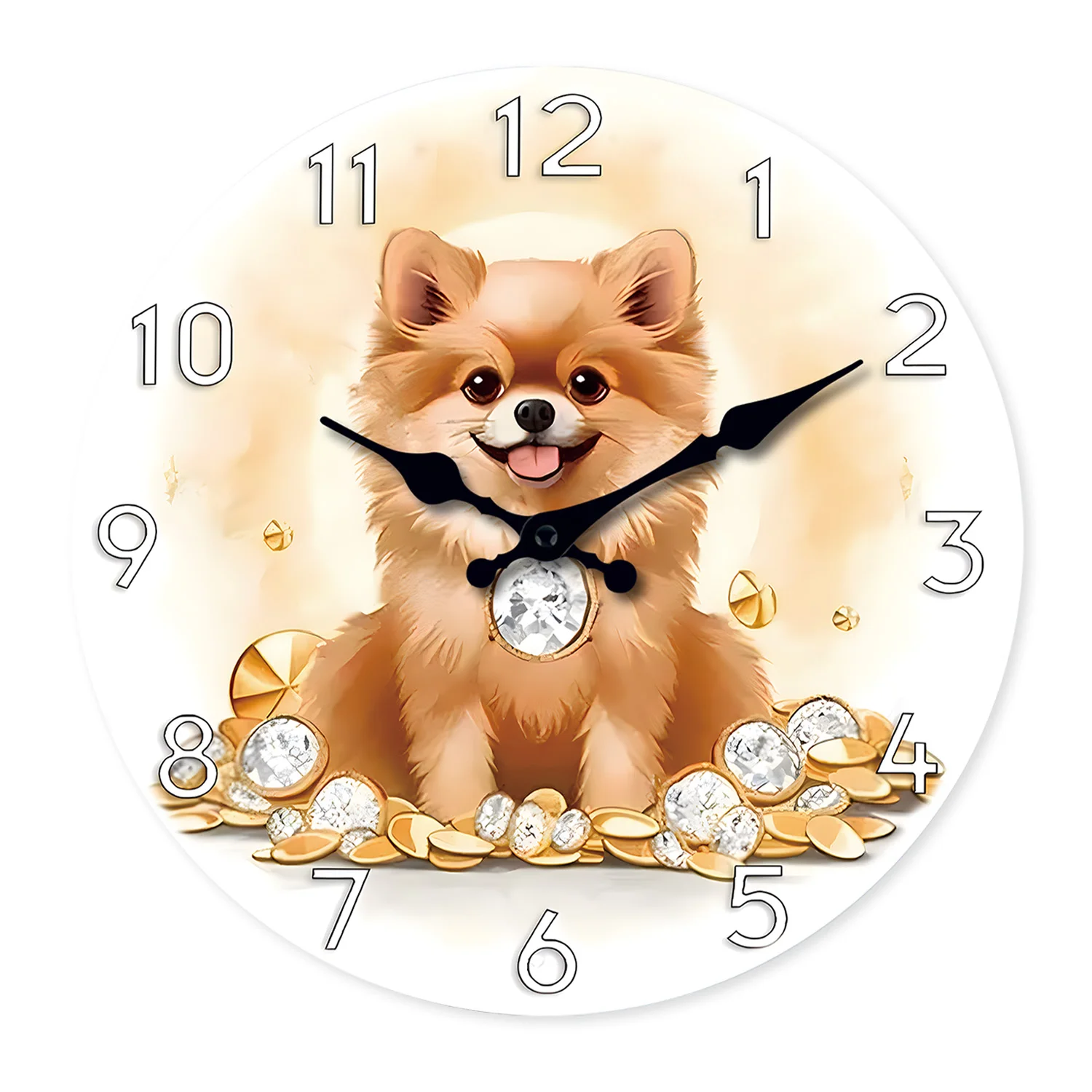 Cute Pomeranian Dog Pattern Wooden Wall Clock Living Room Bedroom Kitchen Home Decor Wall Clock Silent Quartz Clock Holiday Gift 10 Inch 12 Inch 14inch 16inch (No Battery)