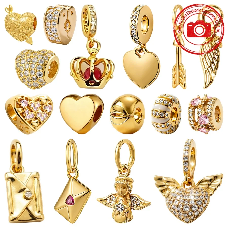 

Hot Sale Golden Charms DIY Jewelry Gifts Handwritten Love Cupid Heart Pink Love Letter Round Clip Beads Fit Original Bracelets