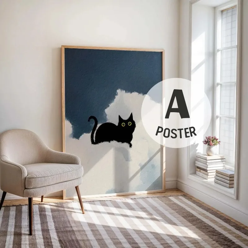 Frameless Black Cat Cloud Wall Art Set of 3 Prints, Blue Sky Minimal Nursery Posters, Cute Cat Triptych, Bedroom Kids Room Decor