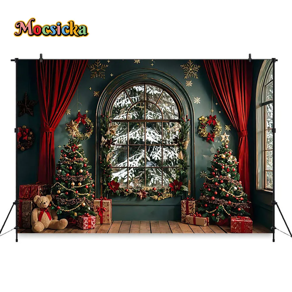 Christmas Window Photography Background Red Curtains Xmas Tree Gifts Toy Bear Green Backdrop Family Kids Winter Photo Studio