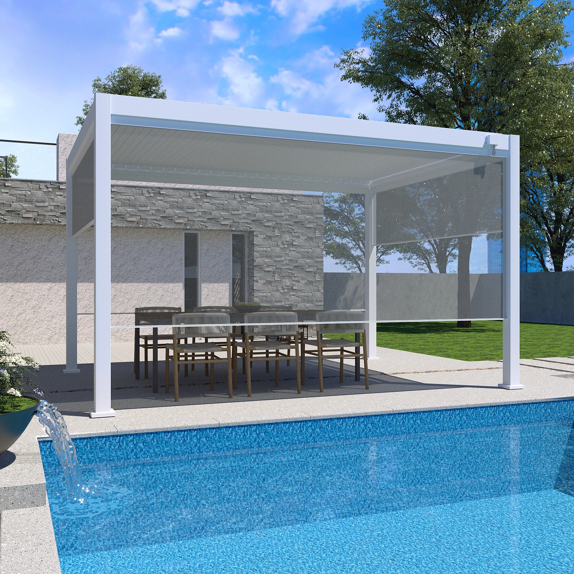 Aluminum Alloy Electric Louver Pavilion With PVC LED Lights Ventilation Eco-Friendly Nature Screen Super Durable