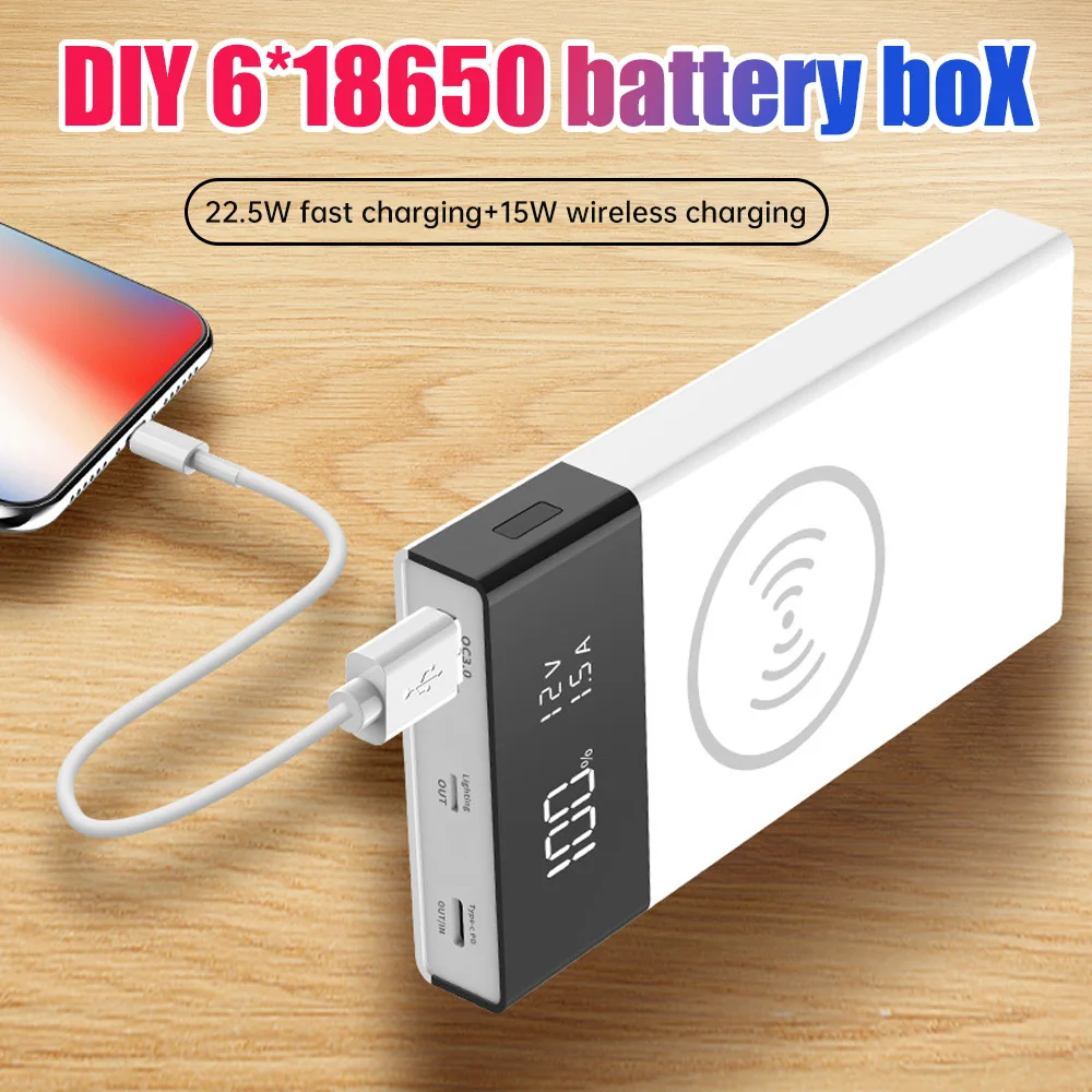 

6 * 18650 Battery Box QC3.0 Fast Charging Solderless Wireless Charging 15W Mobile Power Supply Kit PD Power Bank Shell