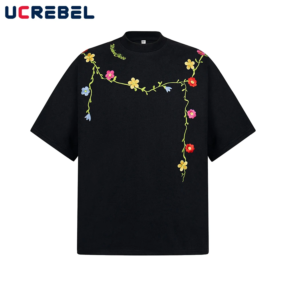 Flower Vine Embroidery Short Sleeve T-shirt Mens Retro High Street Summer Cotton Loose Crew Neck Half-Sleeve Tee Men Tshirt