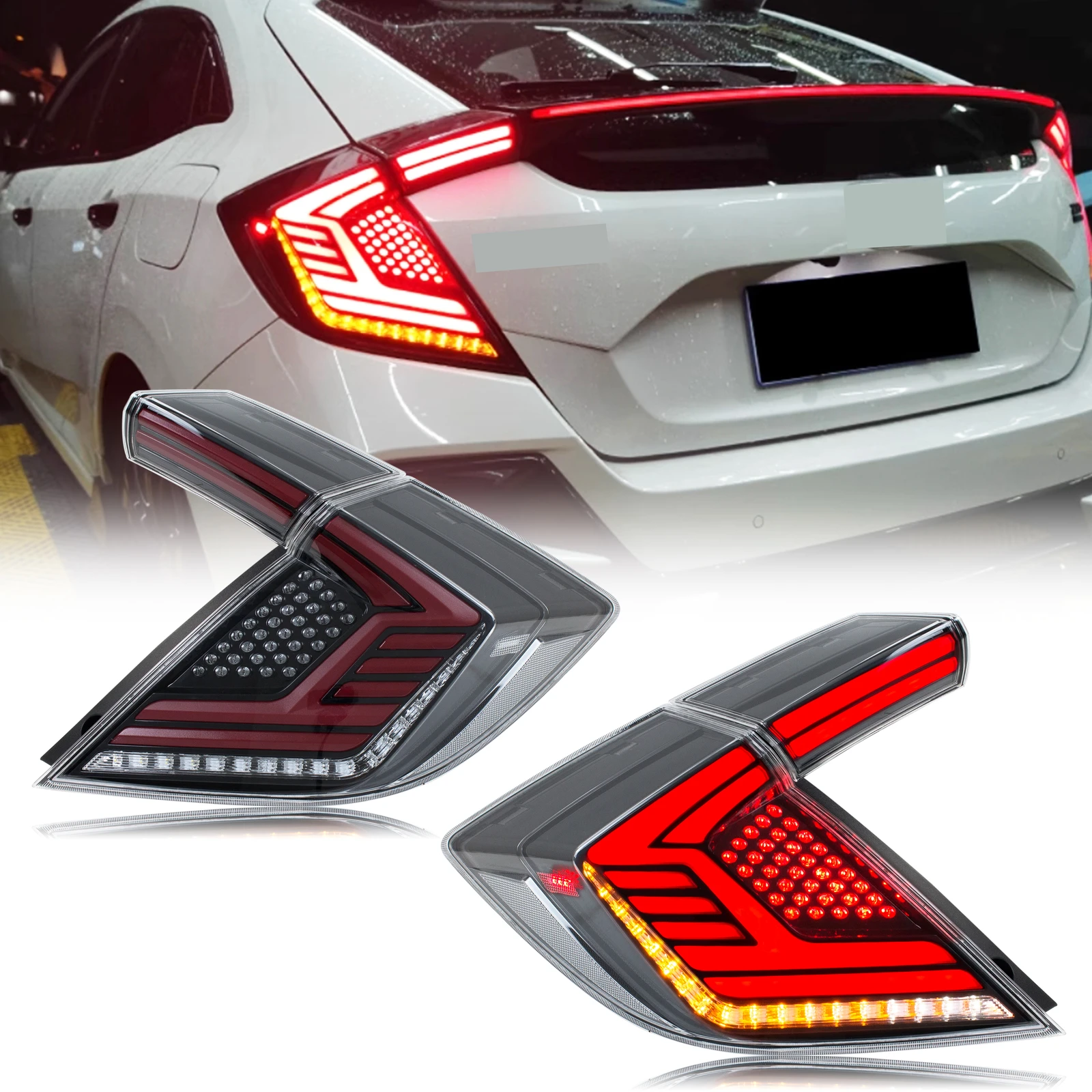 

LED Tail Lights Assembly for Honda Civic Hatchback 2016-2020 Clear Sequential Turn Signal Trunk Rear Brake Lamps Assembly